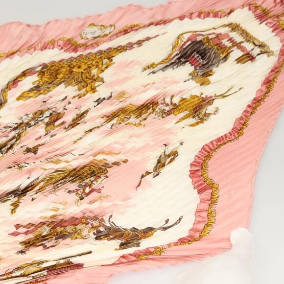 HERMES Pleated Carre 90 Scarf ""Traineaux et glifsades"" Silk Pink Auth - Picture 6 of 16